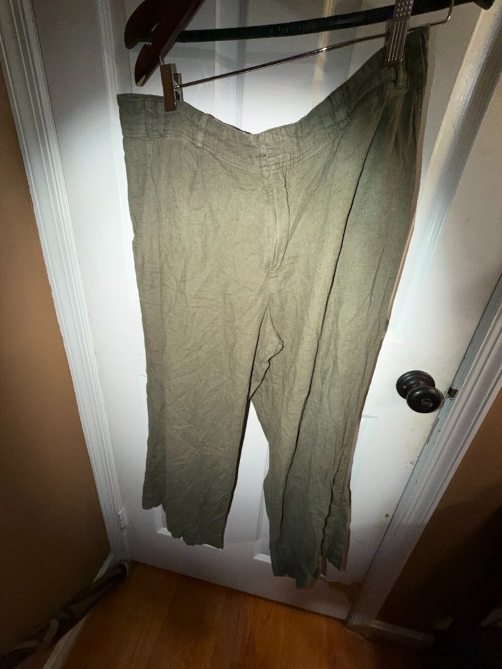 Coldwater Creek Olive Linen Pants Women’s 16P Button Waist Relaxed Fit Pockets